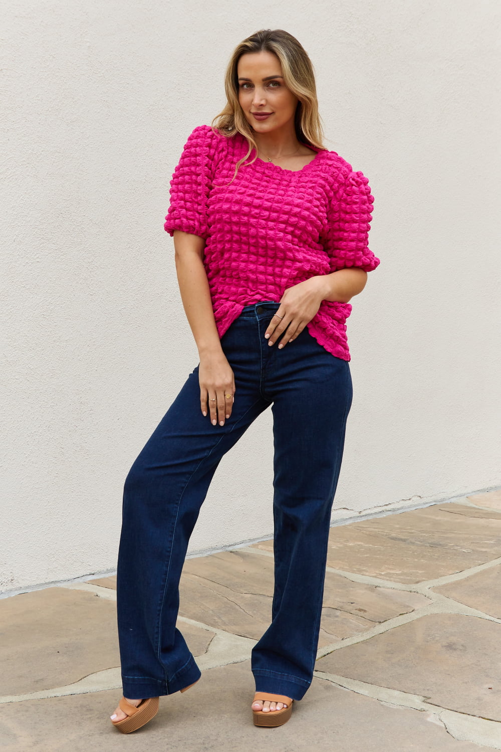 Trendy Full Size Puff Sleeve Top with Bubble Textured Detail