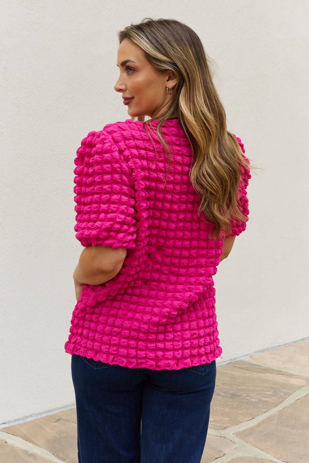 Trendy Full Size Puff Sleeve Top with Bubble Textured Detail