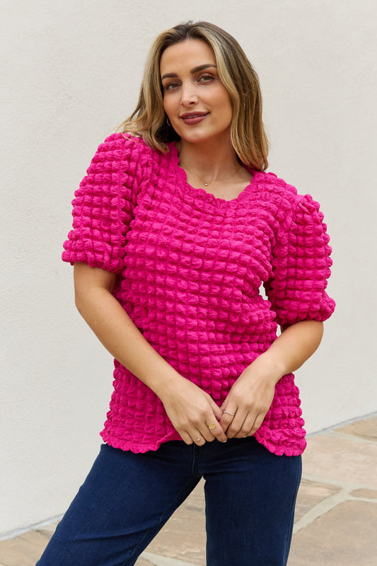 Trendy Full Size Puff Sleeve Top with Bubble Textured Detail Hot Pink