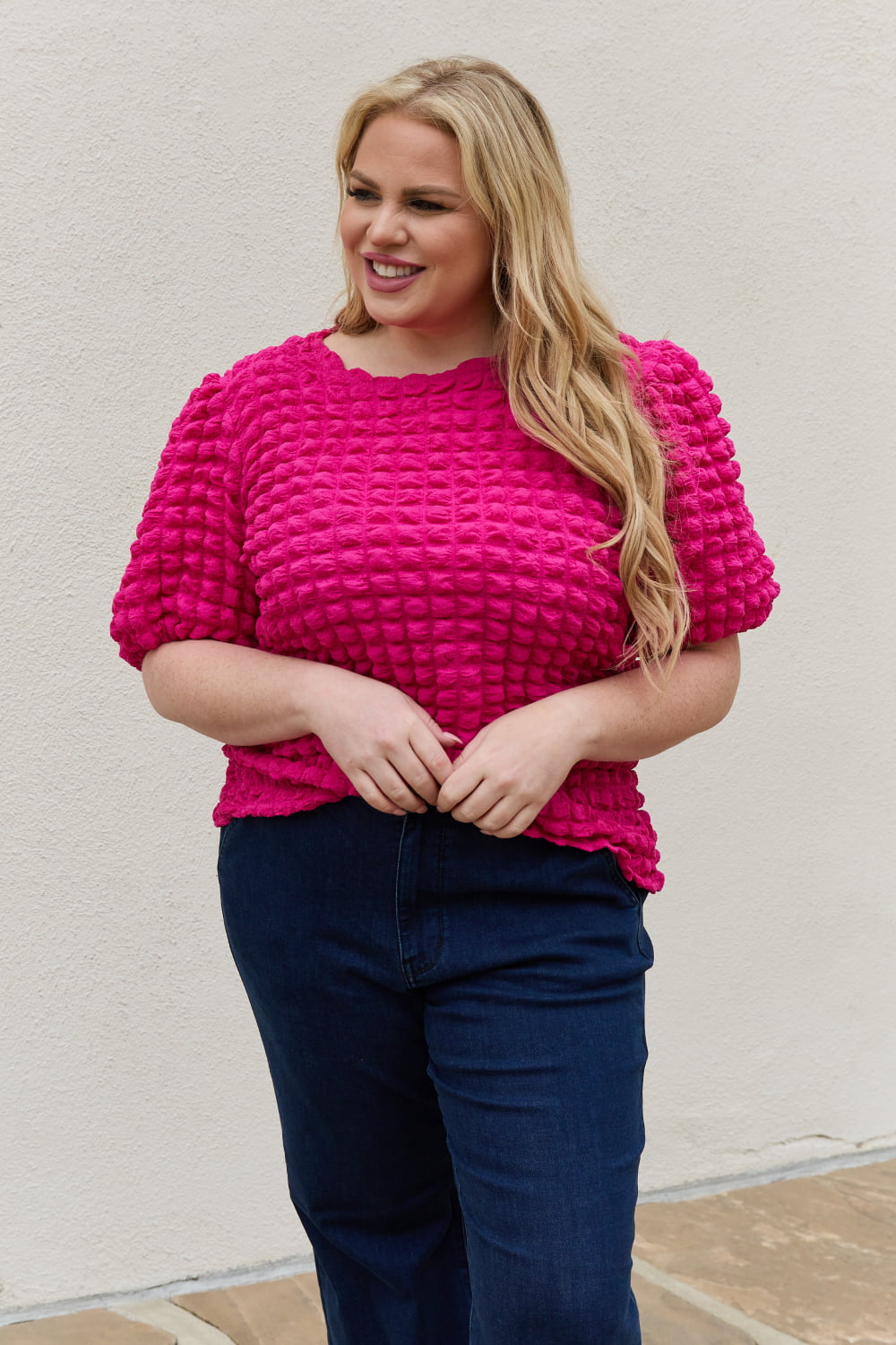 Trendy Full Size Puff Sleeve Top with Bubble Textured Detail