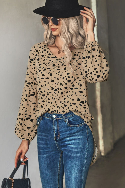 Trendy Leopard Print V-Neck High-Low Blouse Khaki