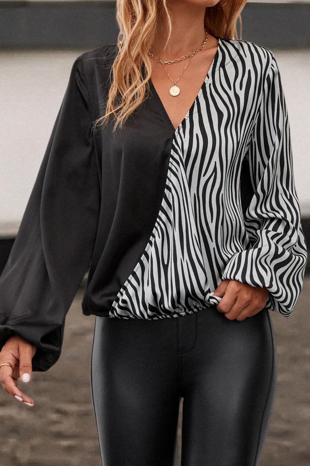 Trendy animal print color block blouse with balloon sleeves