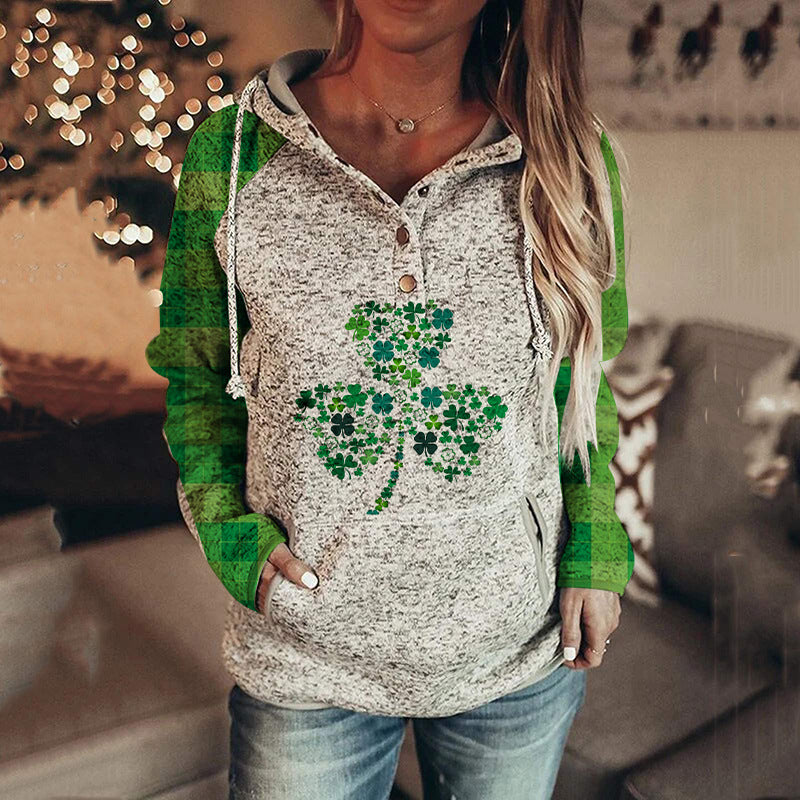 Women's St. Patrick's Irish Day Hooded Buttoned Long Sleeve Sweatshirt Pattern1