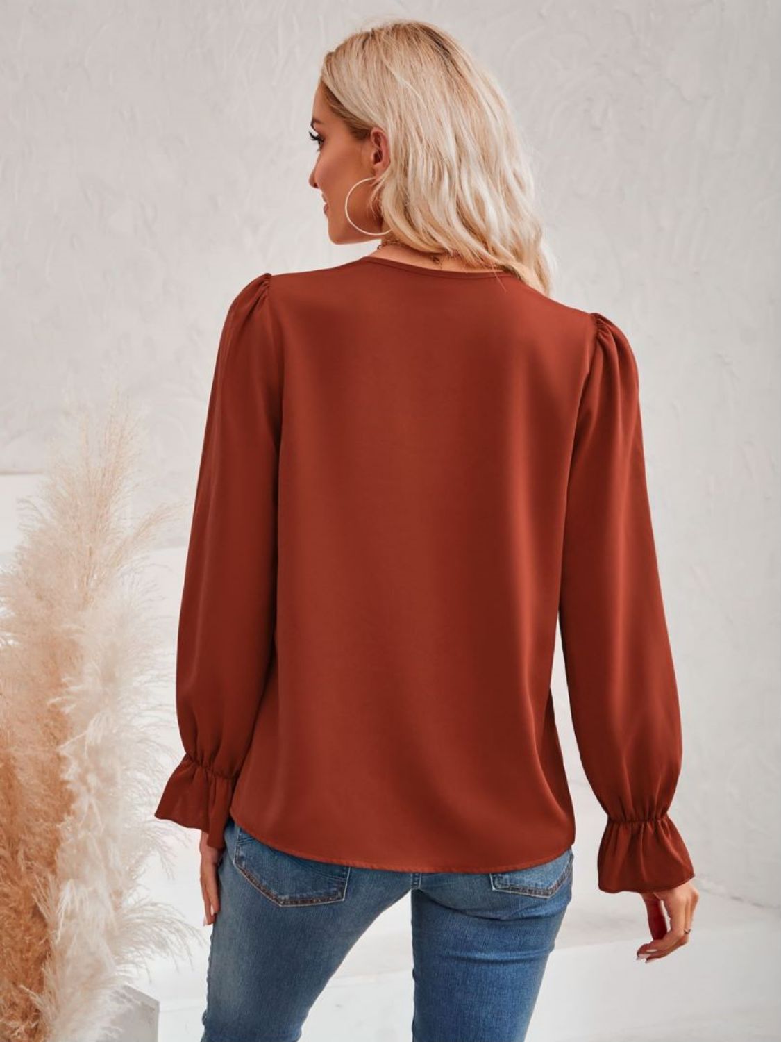 V-Neck Flounce Sleeve Blouse with Contrast Trim