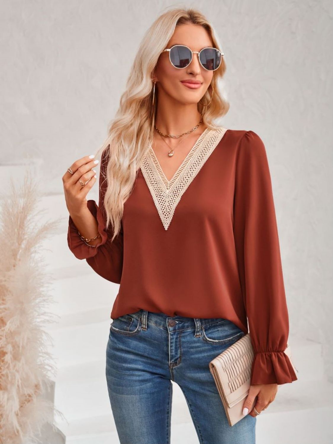 V-Neck Flounce Sleeve Blouse with Contrast Trim Brick Red
