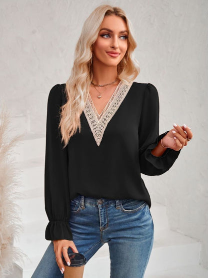 V-Neck Flounce Sleeve Blouse with Contrast Trim Black