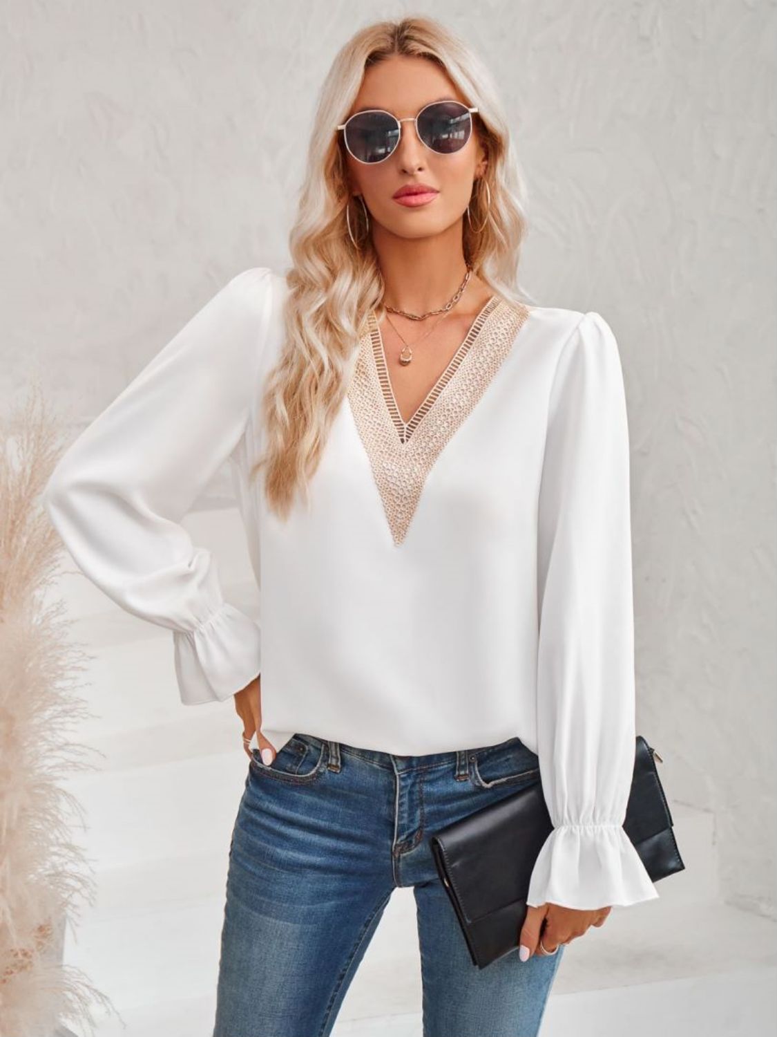 V-Neck Flounce Sleeve Blouse with Contrast Trim White