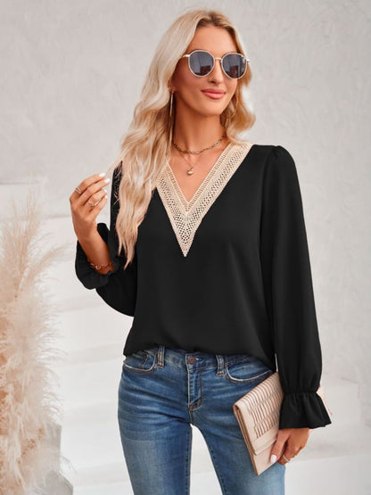 V-Neck Flounce Sleeve Blouse with Contrast Trim