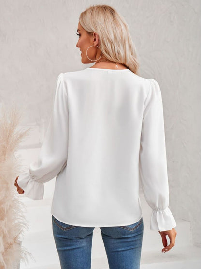 V-Neck Flounce Sleeve Blouse with Contrast Trim