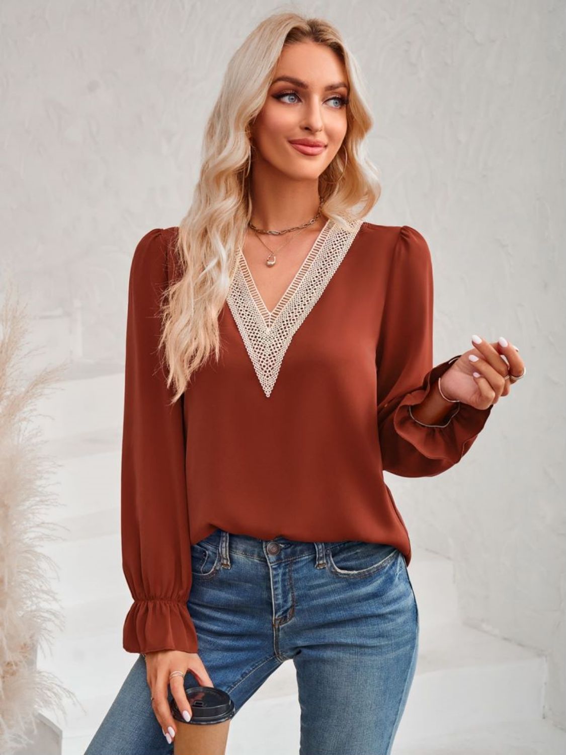 V-Neck Flounce Sleeve Blouse with Contrast Trim