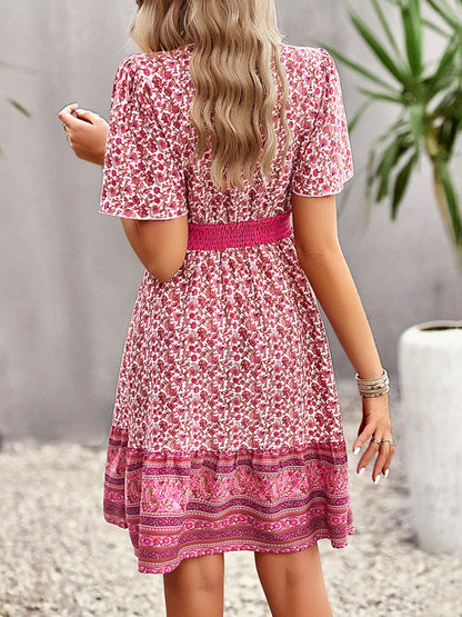 V-Neck Flutter Sleeve Floral Print Bohemian Midi Dress