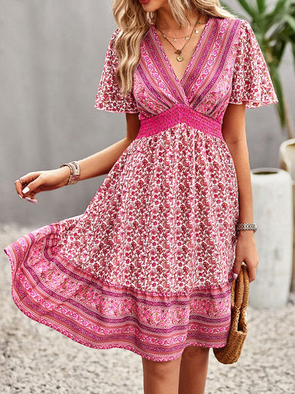 V-Neck Flutter Sleeve Floral Print Bohemian Midi Dress