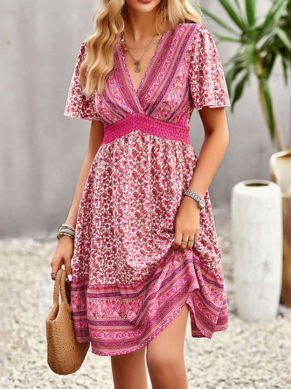 V-Neck Flutter Sleeve Floral Print Bohemian Midi Dress