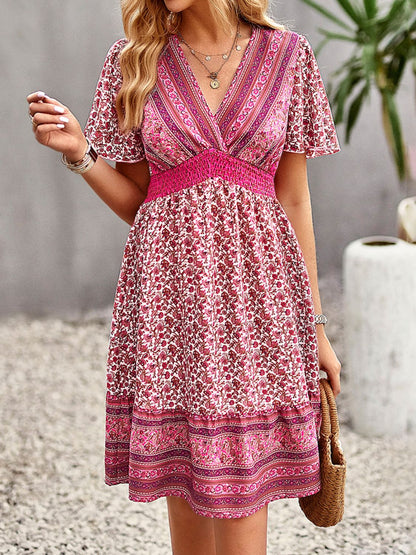 V-Neck Flutter Sleeve Floral Print Bohemian Midi Dress Hot Pink