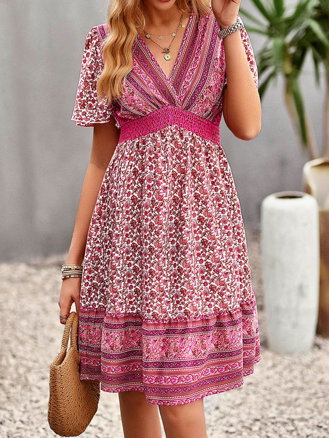 V-Neck Flutter Sleeve Floral Print Bohemian Midi Dress