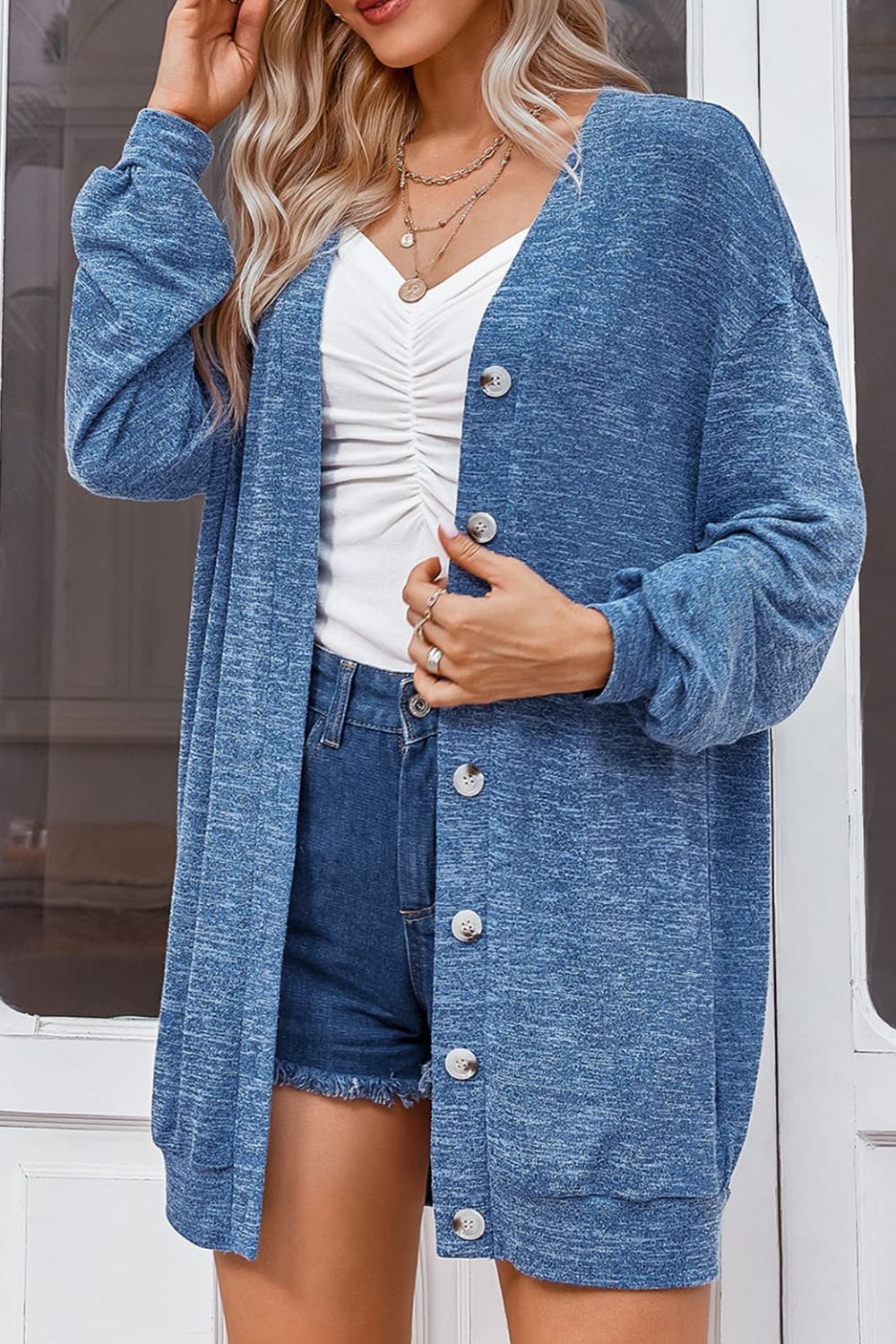 V-Neck Long Sleeve Buttoned Cardigan for Women