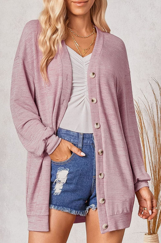 V-Neck Long Sleeve Buttoned Cardigan for Women Blush Pink