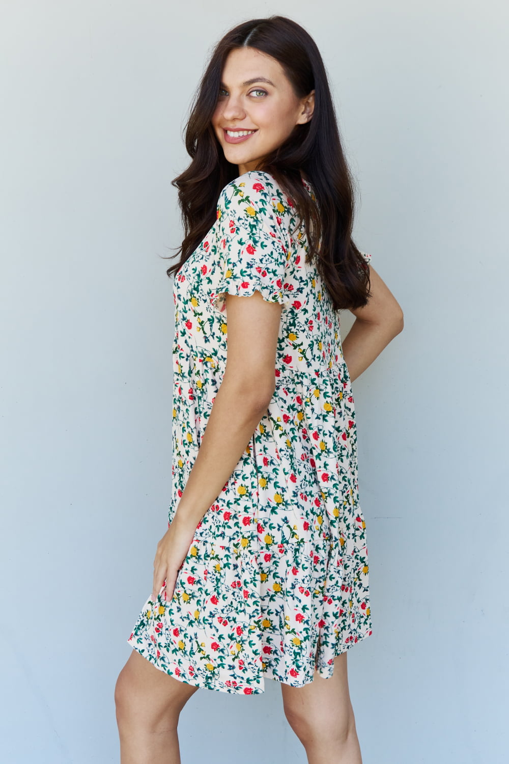 V-Neck Ruffle Sleeve Floral Midi Dress