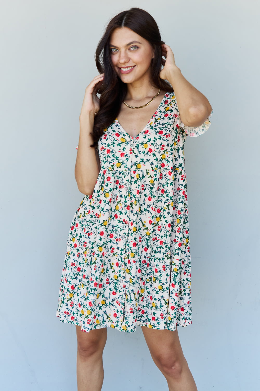 V-Neck Ruffle Sleeve Floral Midi Dress