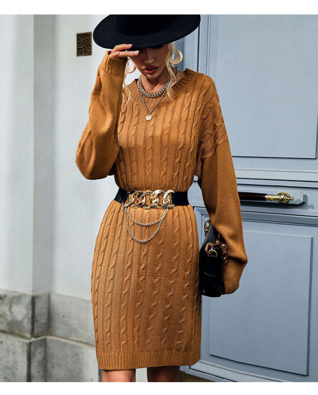 Knit Solid Color Long Sleeve Round Neck Linen Pattern Sweater Dress Camel