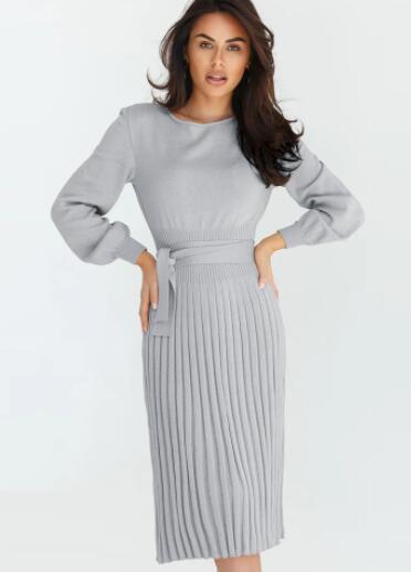 Women's slim pleated mid-length bottoming sweater dress Grey