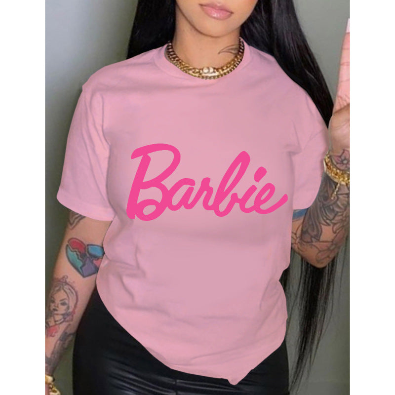Women's T-shirt Printed Short Sleeve Basic Round Neck Regular Fit Pink