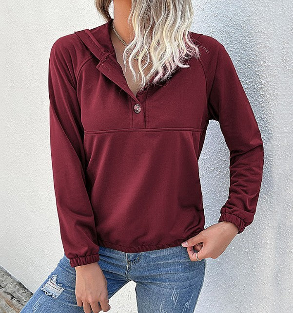 New women's long-sleeved solid color hooded sweater Wine Red