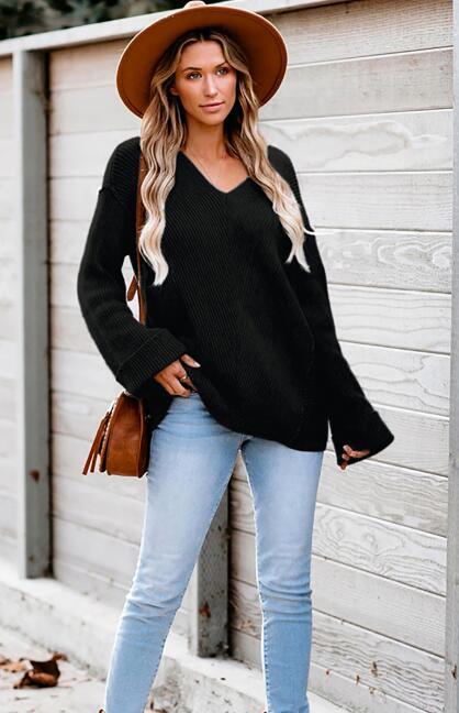 Women'S Pullover Solid V-Neck Sweater Black