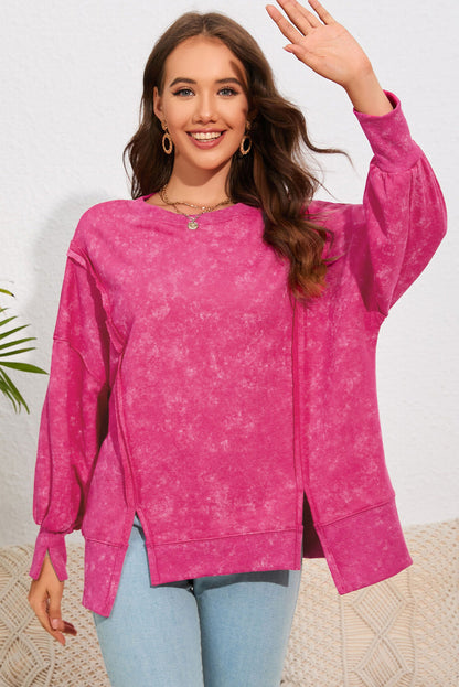 Women's Acid Wash Round Neck Seam Detail Slit Sweatshirt Hot Pink