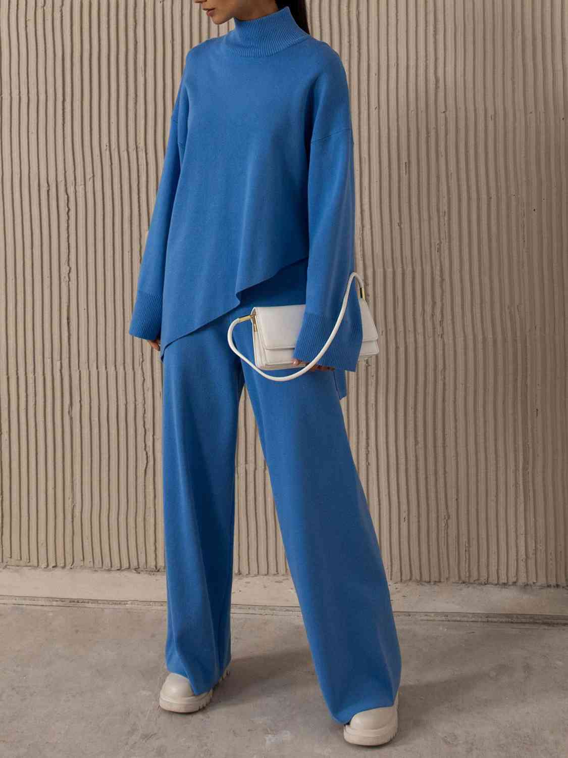 Women's Asymmetrical Hem Knit Top and Pants Set Cobalt Blue