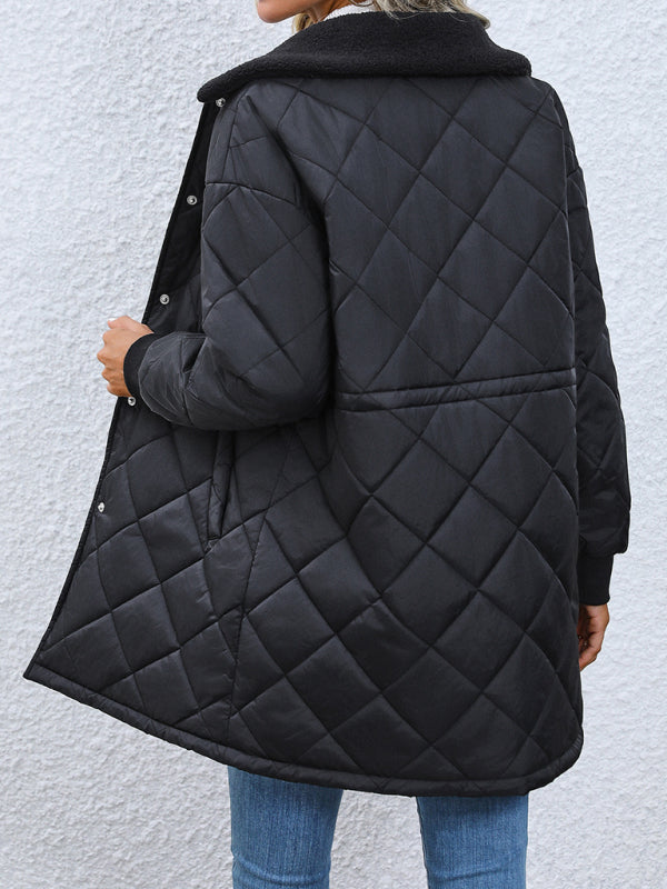 Women's Button Waist Quilted Fur Collar Lapel Jacket