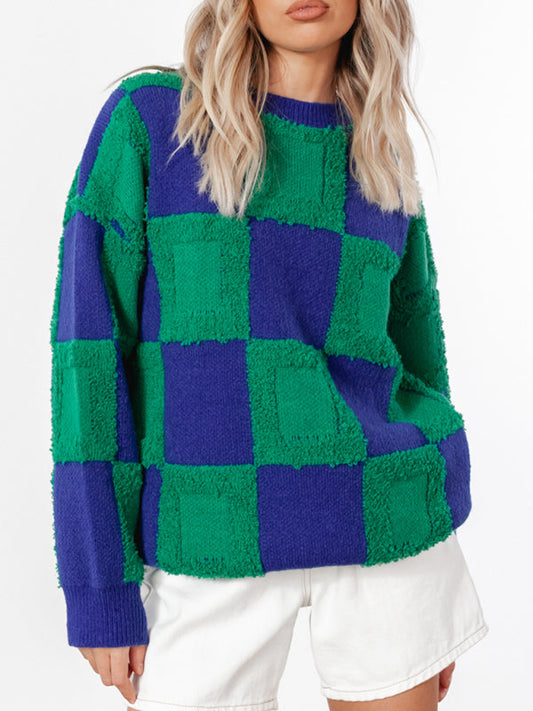 Women's Checkerboard Colorblock Sweater Green