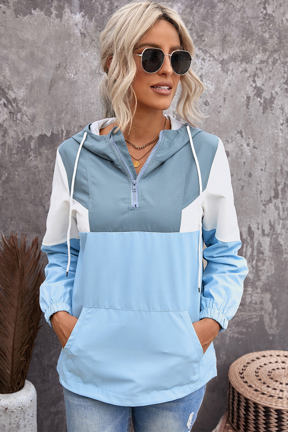 Women's Color Block Hoodie with Quarter-Zip Closure Pastel Blue