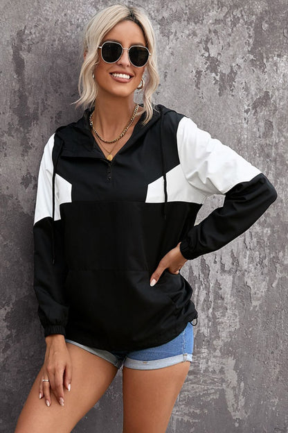 Women's Color Block Hoodie with Quarter-Zip Closure Black