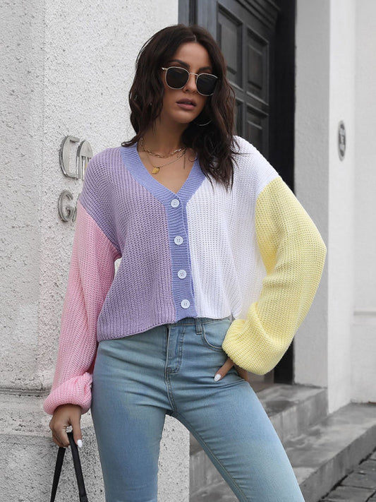 Women's Colorblock Knit Cardigan Contrast Sweater Pink
