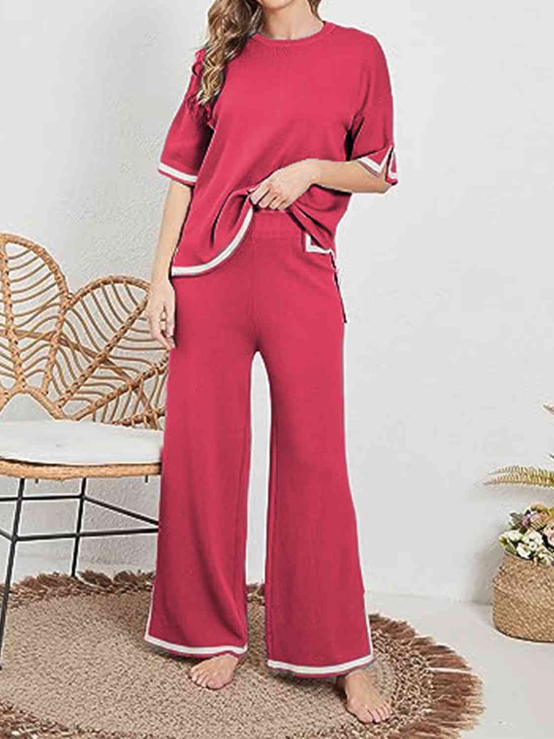 Women's Contrast High-Low Sweater and Knit Pants Set Deep Rose