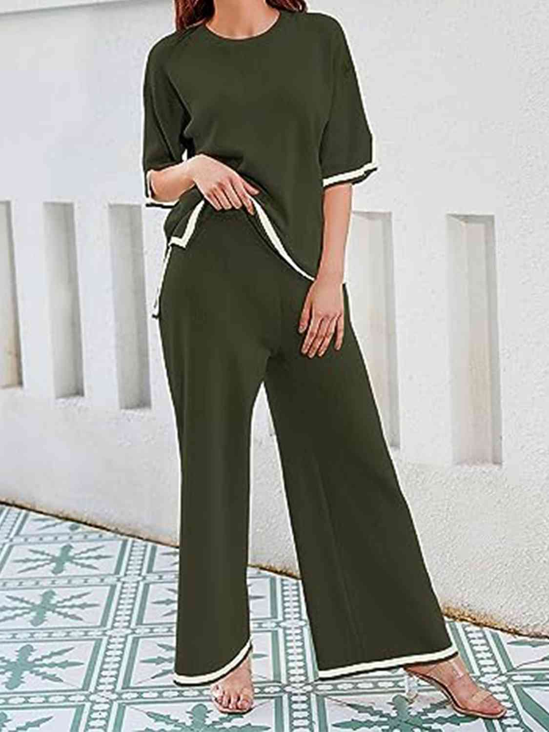 Women's Contrast High-Low Sweater and Knit Pants Set