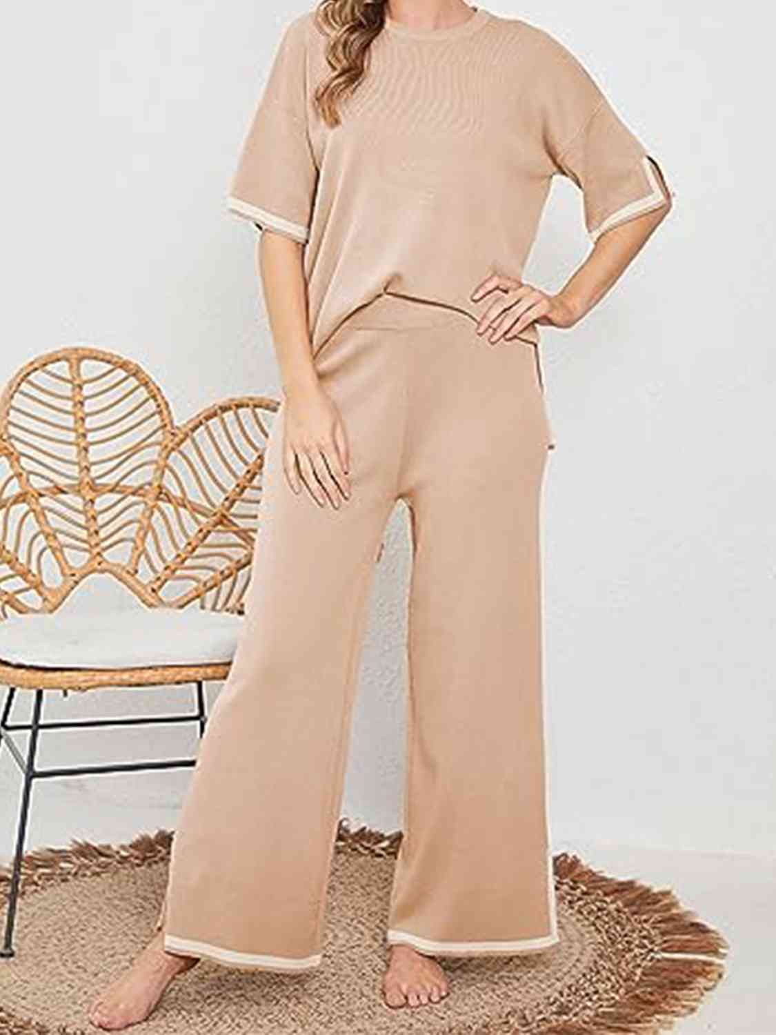 Women's Contrast High-Low Sweater and Knit Pants Set Khaki