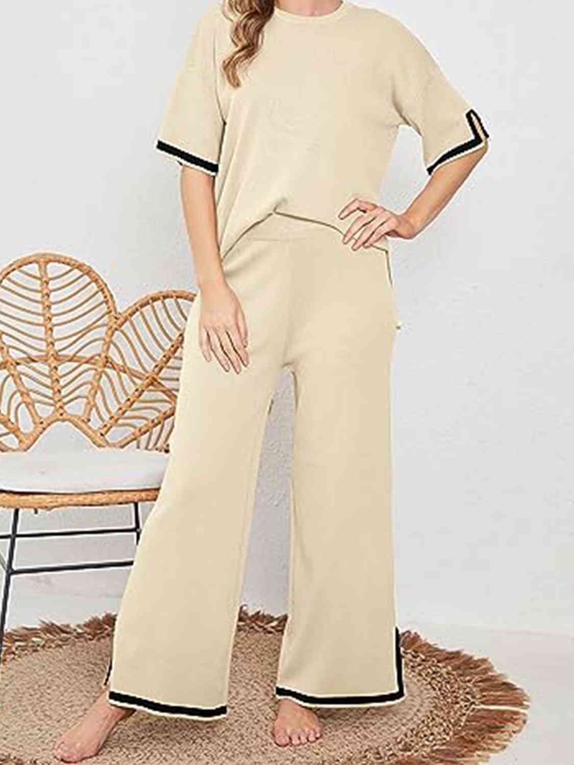 Women's Contrast High-Low Sweater and Knit Pants Set