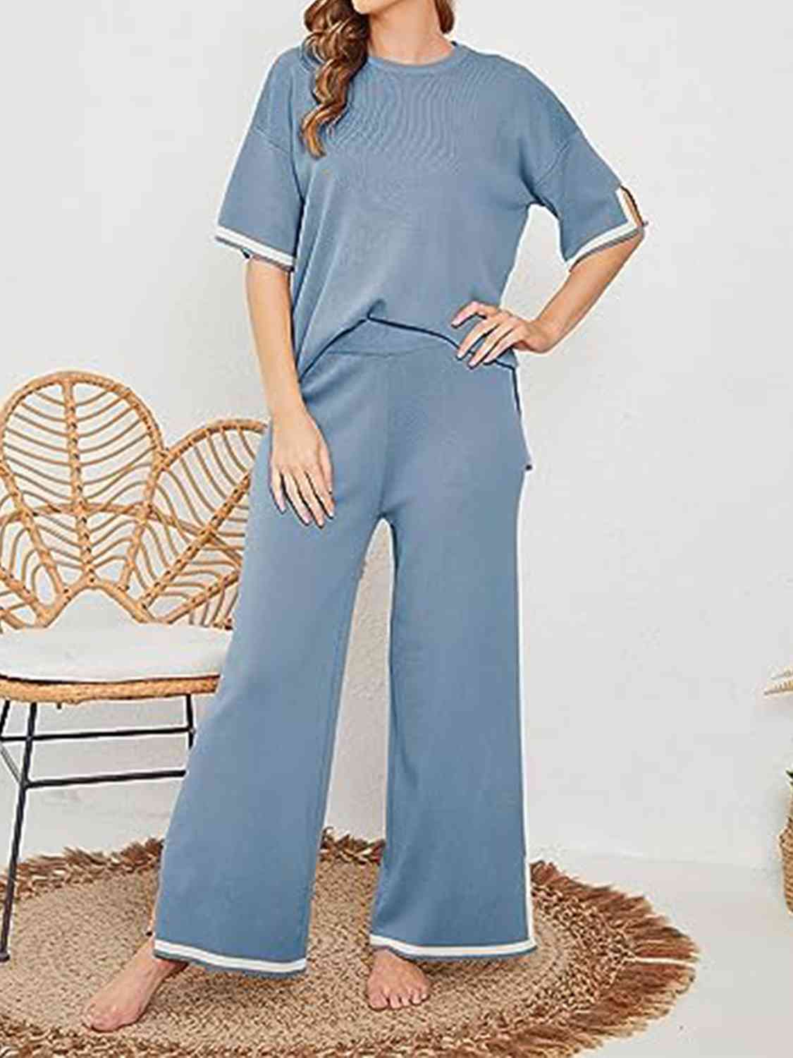 Women's Contrast High-Low Sweater and Knit Pants Set Misty Blue