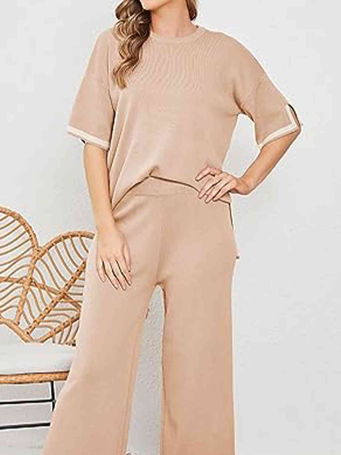 Women's Contrast High-Low Sweater and Knit Pants Set