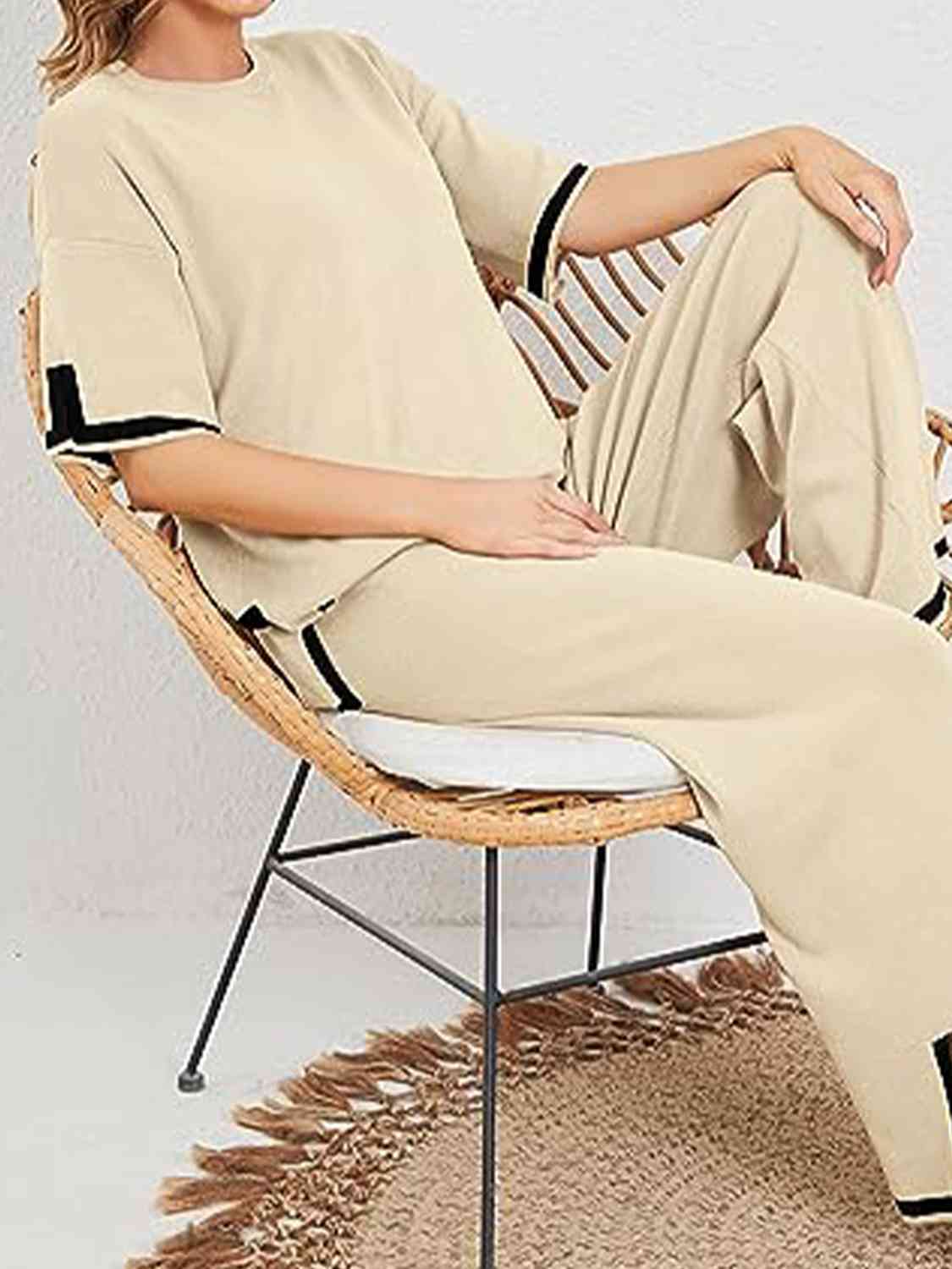 Women's Contrast High-Low Sweater and Knit Pants Set