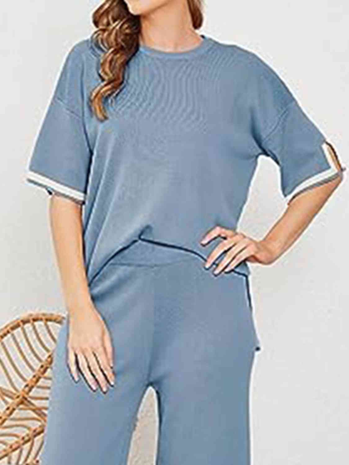 Women's Contrast High-Low Sweater and Knit Pants Set