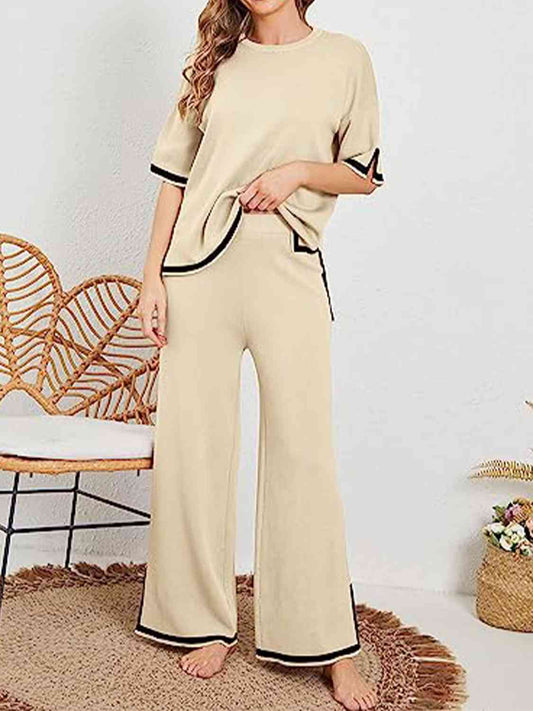 Women's Contrast High-Low Sweater and Knit Pants Set Ivory