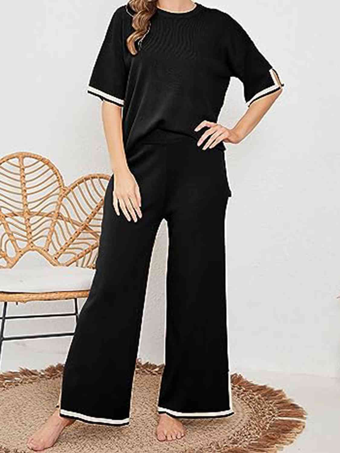 Women's Contrast High-Low Sweater and Knit Pants Set Black