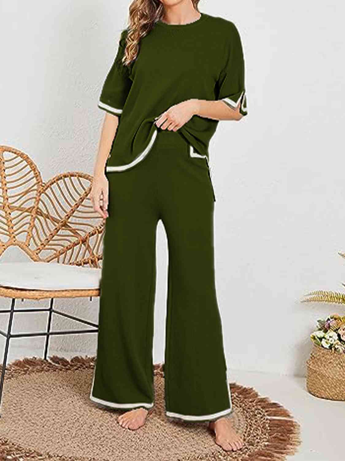 Women's Contrast High-Low Sweater and Knit Pants Set Army Green