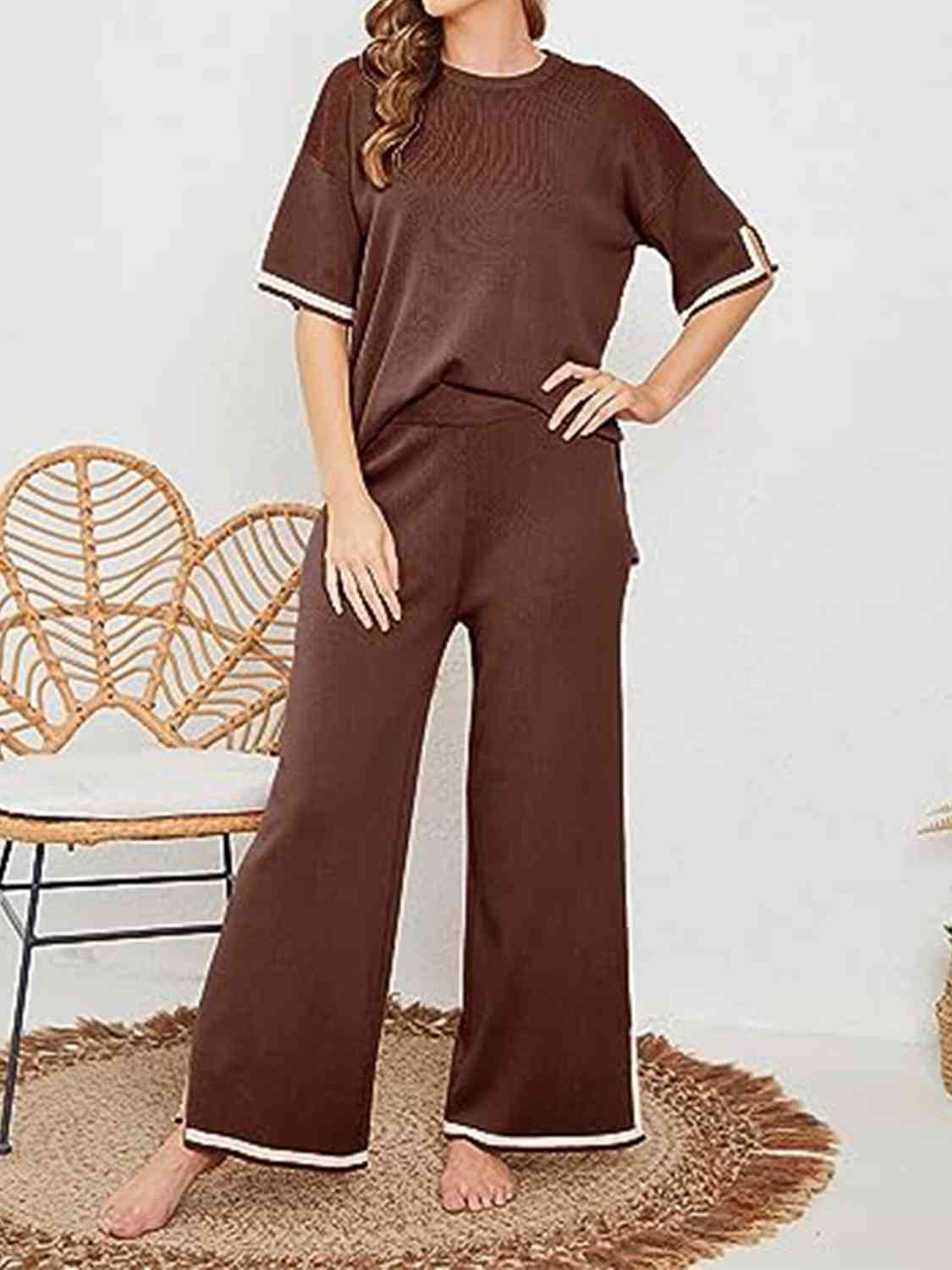 Women's Contrast High-Low Sweater and Knit Pants Set Chestnut