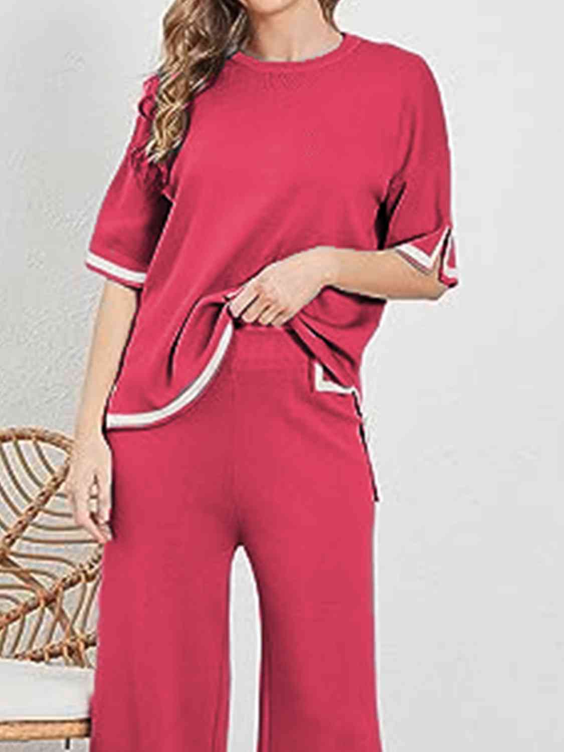 Women's Contrast High-Low Sweater and Knit Pants Set