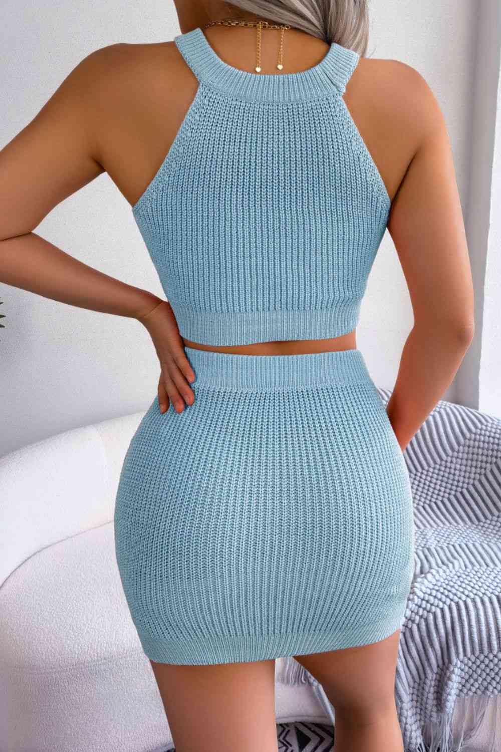 Women's Contrast Ribbed Sleeveless Knit Top and Skirt Set