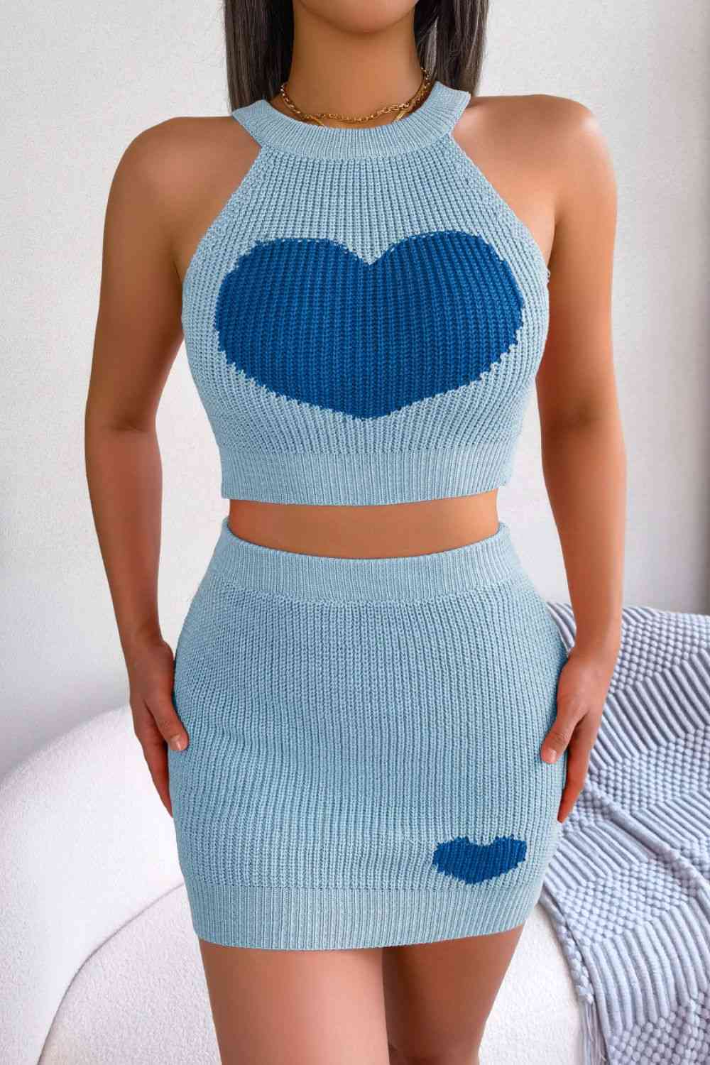 Women's Contrast Ribbed Sleeveless Knit Top and Skirt Set Sky Blue